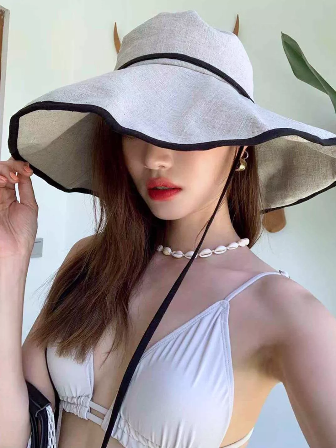 度假配色大帽簷防風帶漁夫帽 #112620