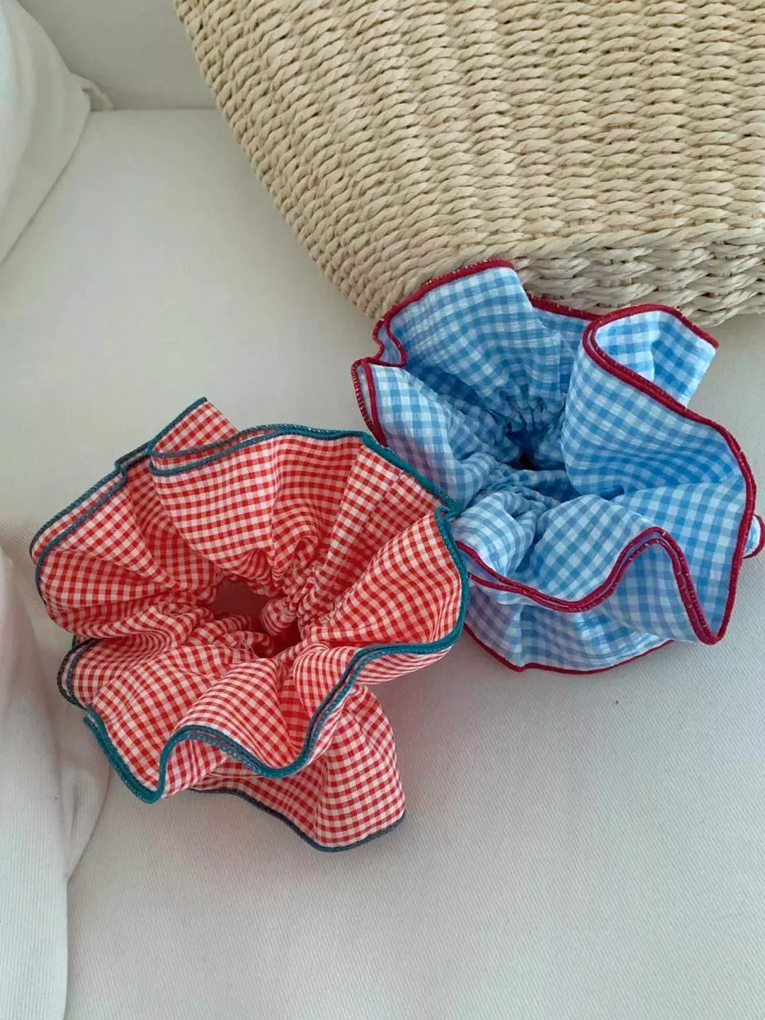 撞色縫邊格子大腸髮圈 #H796