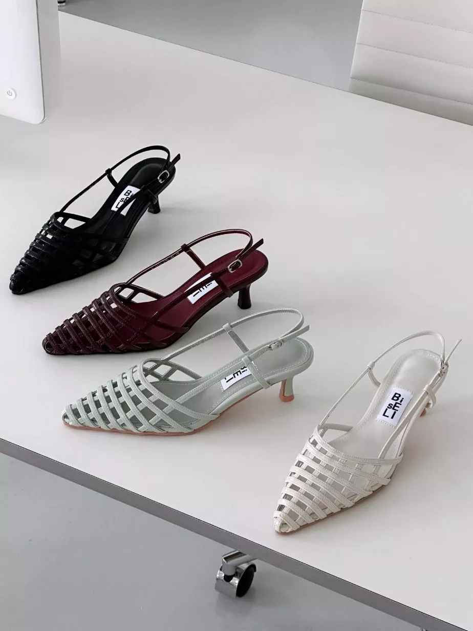 透膚編織格後空帶中跟鞋 #1256