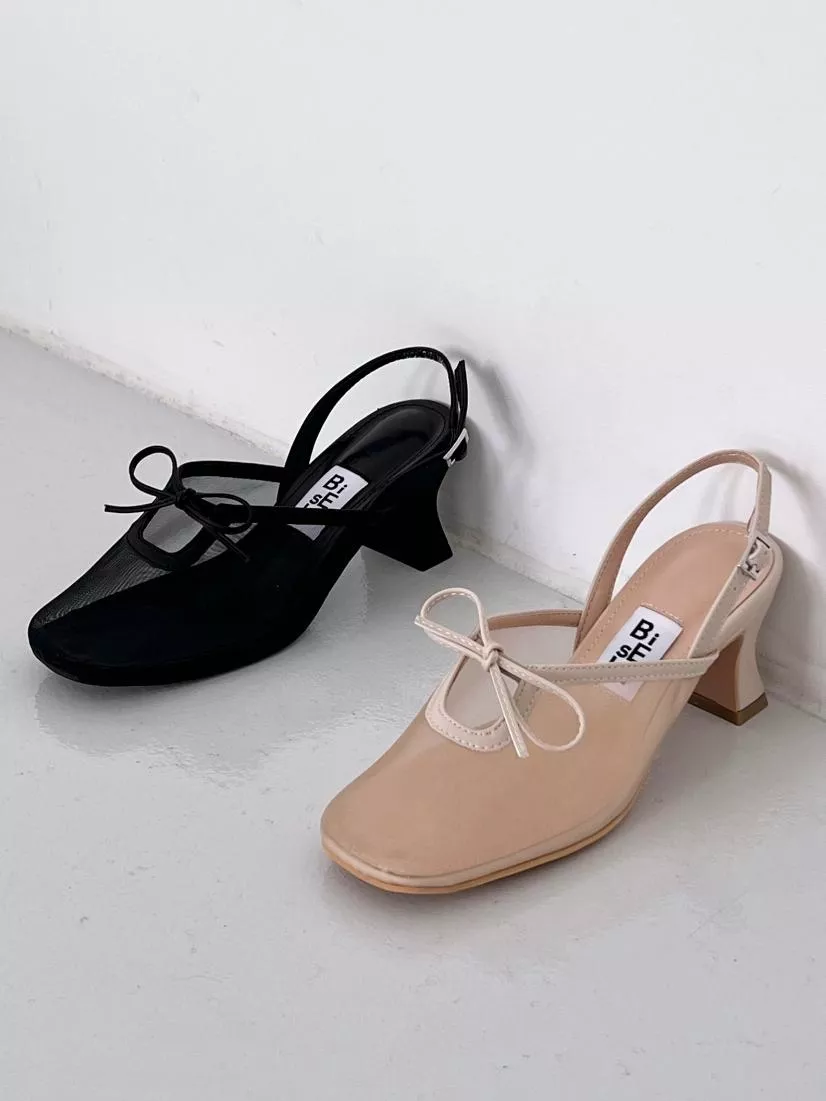 透膚網紗蝴蝶結後空帶中跟鞋 #1258