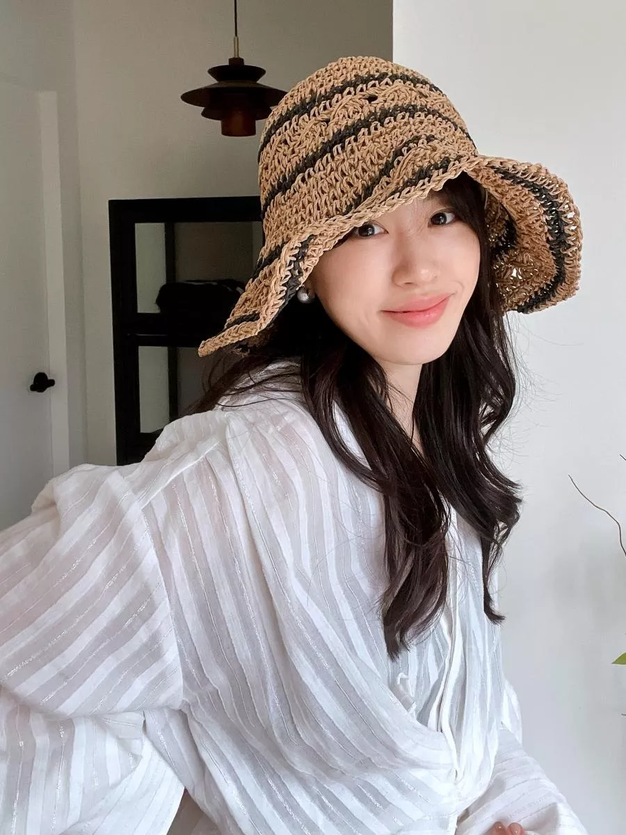 鏤空編織條紋頂草編漁夫帽 #17105660