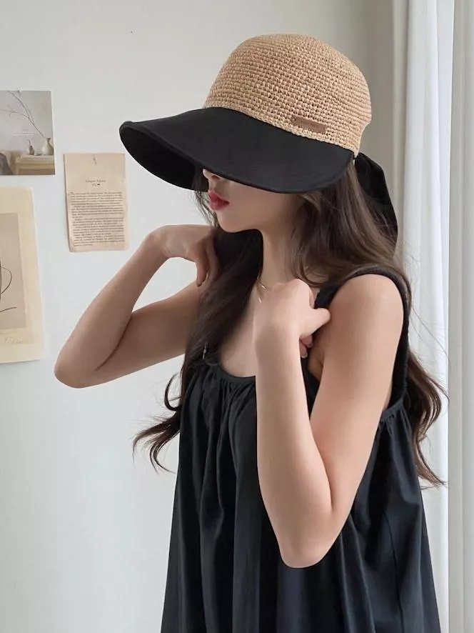 配色繫帶帽簷皮質HAND MADE標草帽 #122904