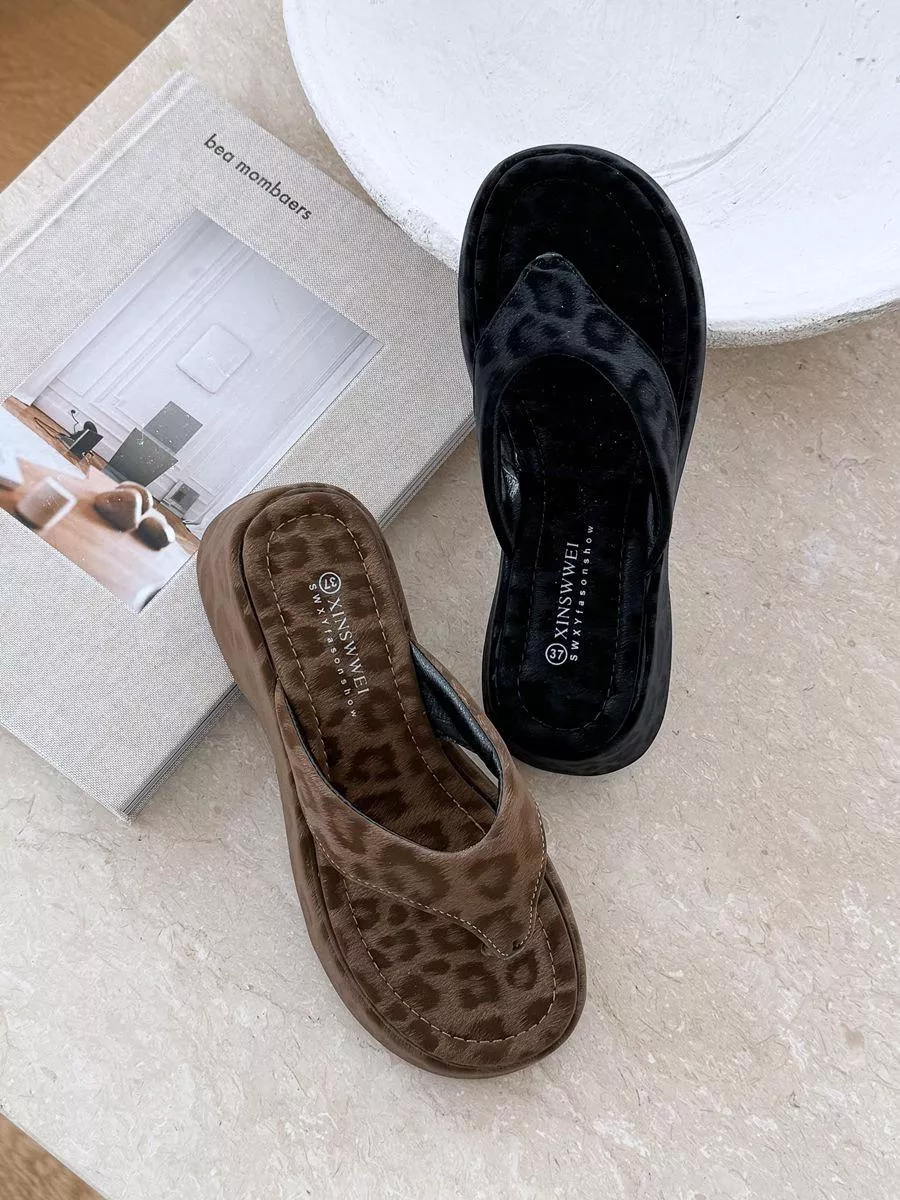 知性美豹紋夾腳楔型拖鞋 #2082