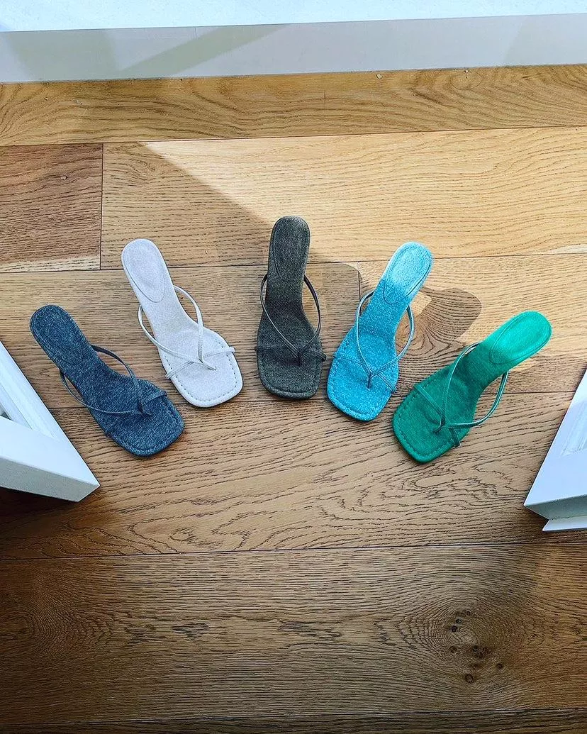 牛仔布質感中跟夾腳拖鞋 #315