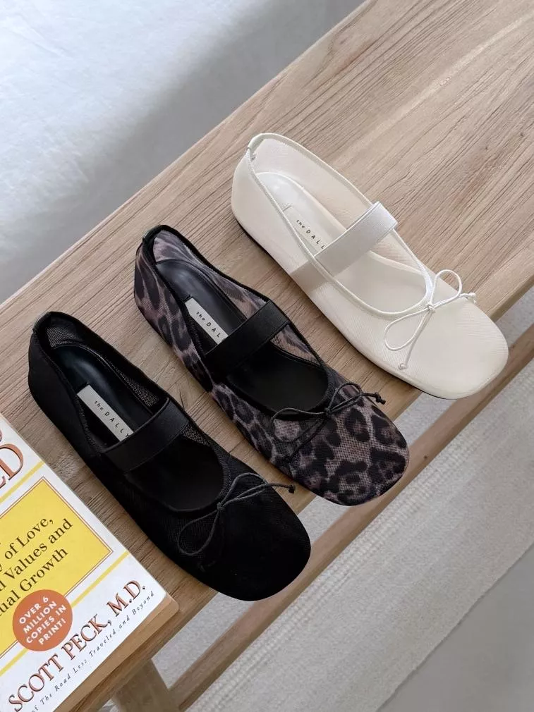 寬版鬆緊帶透膚網眼蝴蝶結瑪莉珍鞋 #5270