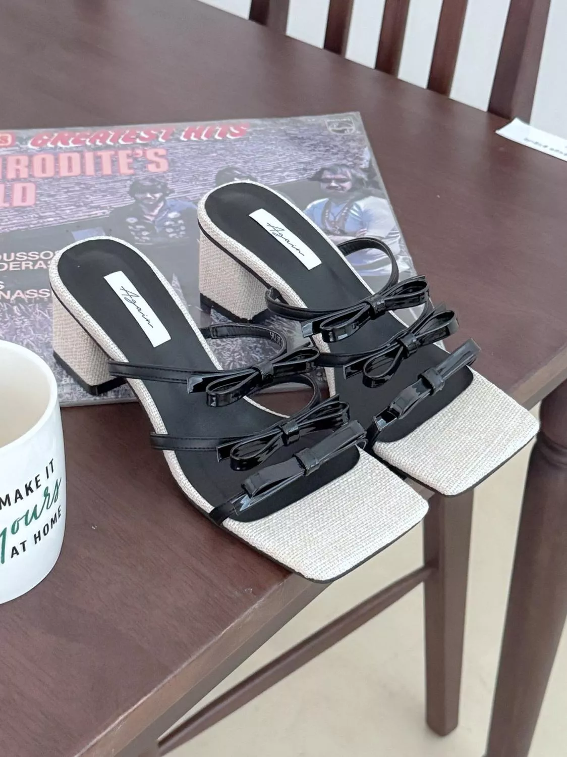 漆皮蝴蝶結亞麻中跟拖鞋 #9038