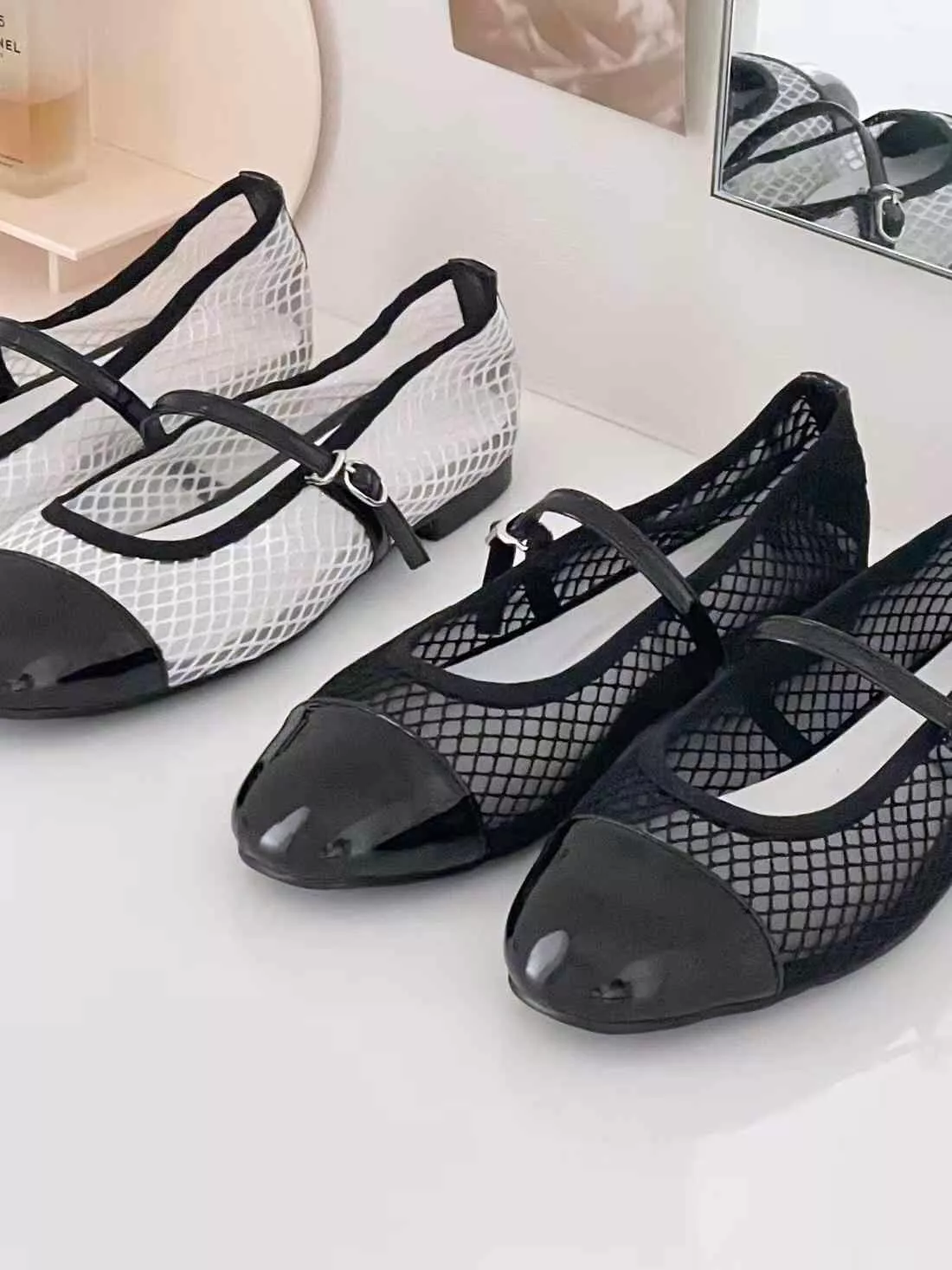 皮革併接透膚網格瑪莉珍鞋 #5037