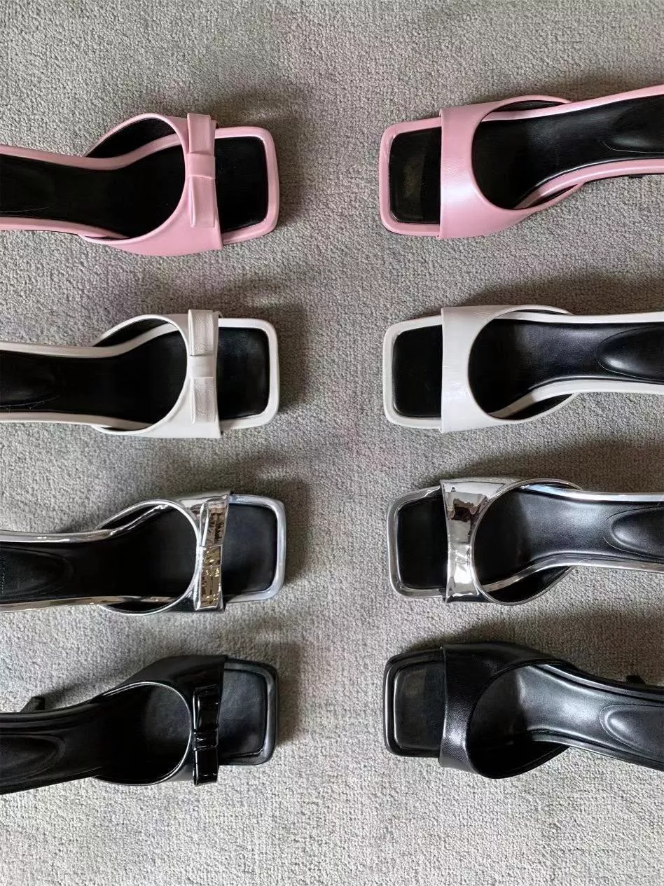 弧形一字帶方頭高跟拖鞋 #043-1