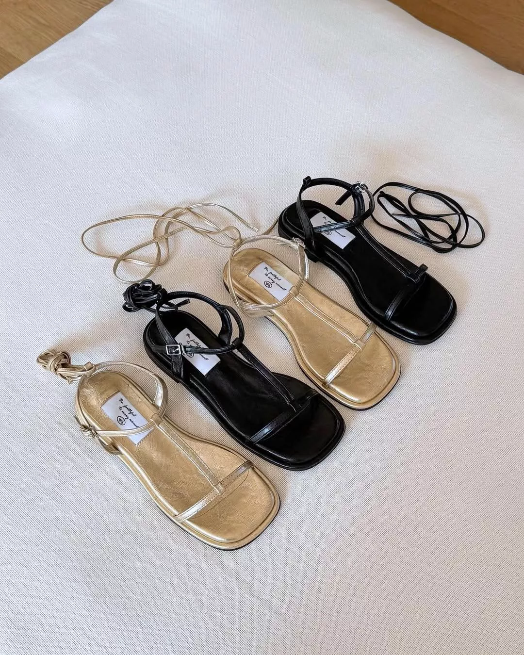 可拆卸繞踝綁帶T字涼鞋 #759