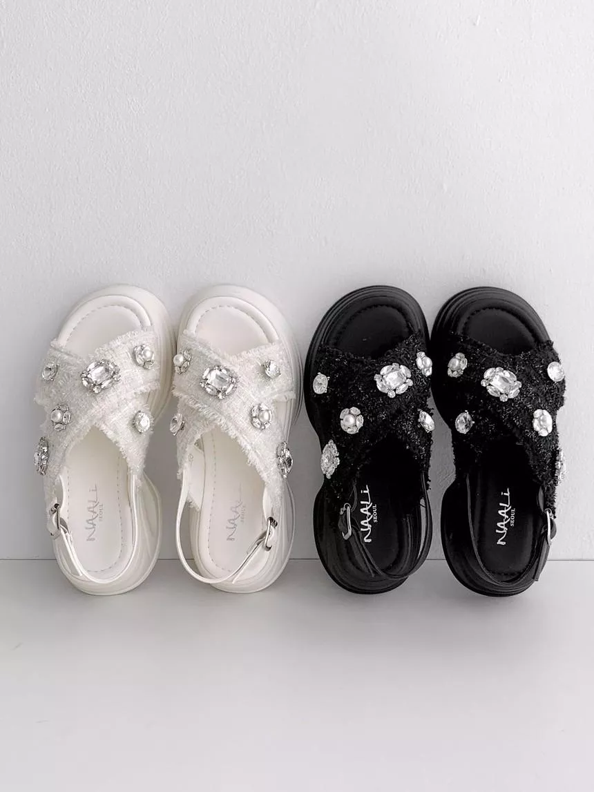 華麗寶石毛呢交叉帶羊皮厚底涼鞋 #2522-3