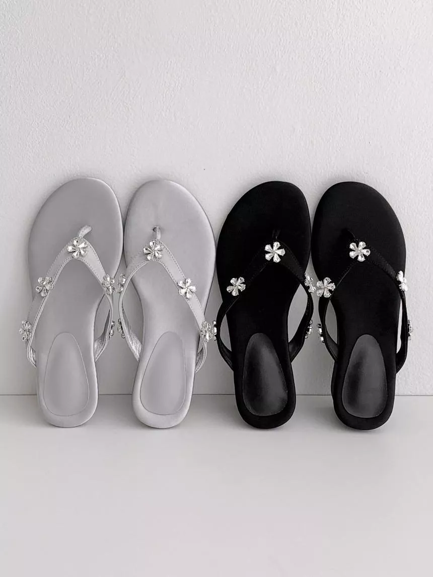 寶石花朵裝飾夾腳楔型拖鞋 #4273-01