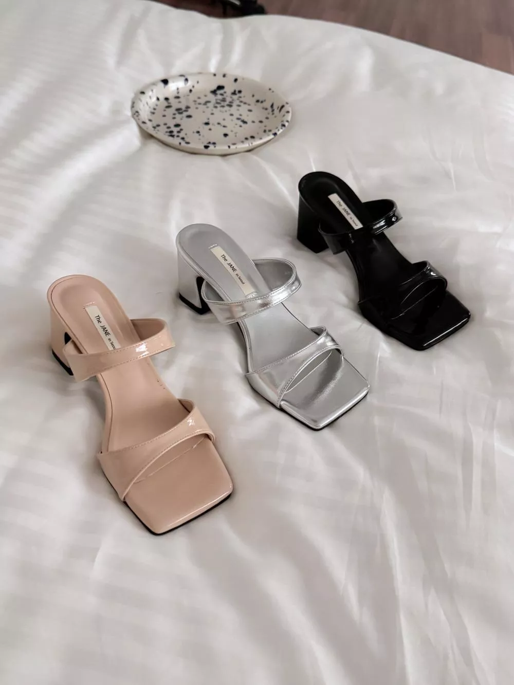 簡單雙帶漆皮中跟拖鞋 #3401