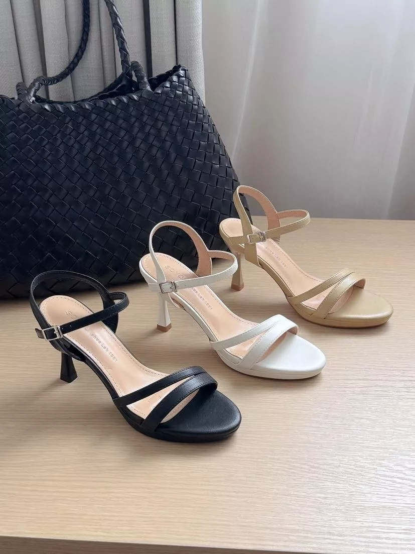 單邊鏤空雙條線牛皮高跟涼鞋 #2513