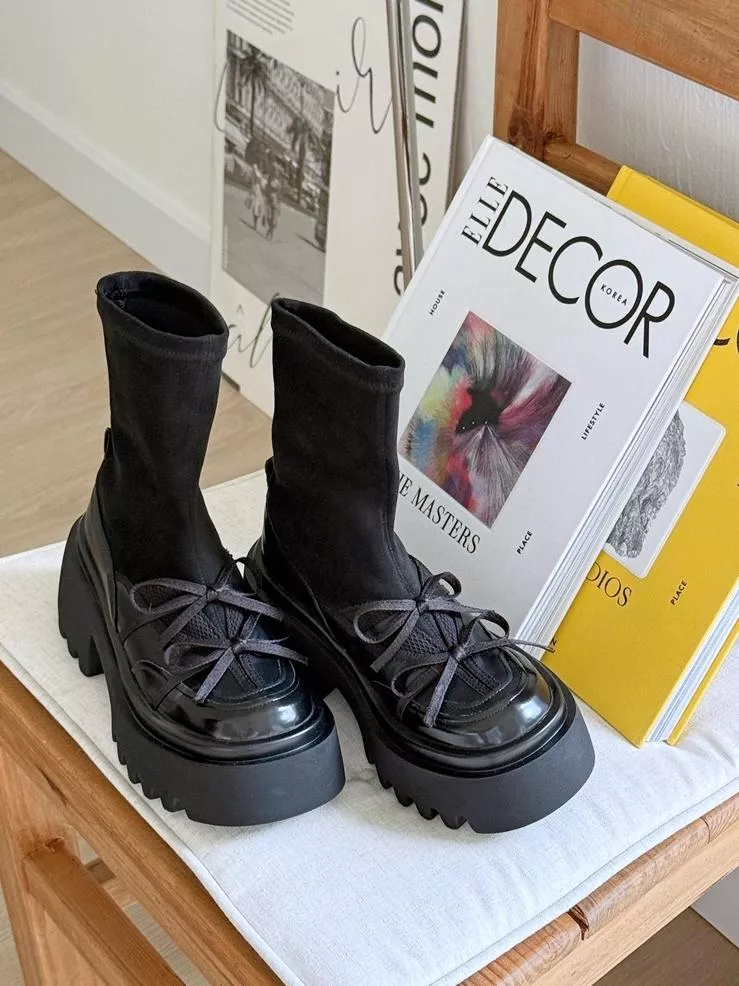 蝴蝶結假兩件設計彈性厚底短靴 #582