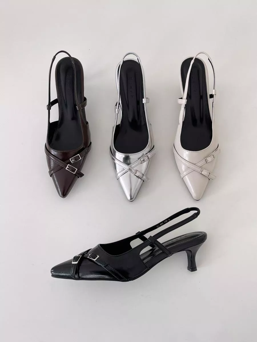 【同款比價最省】顯瘦尖頭✨Slingback交叉皮帶中跟鞋 #393（大尺碼）