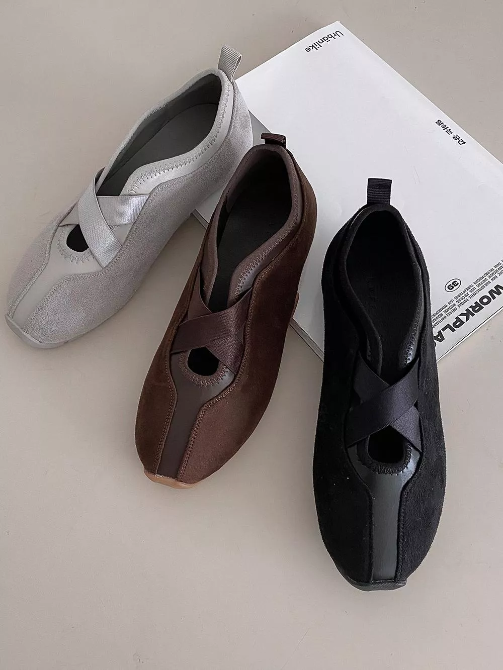 韓國空運🇰🇷｜【百搭休閒】👟交叉彈性帶 麂皮厚底運動鞋｜舒適增高懶人鞋 休閒鞋 #5250