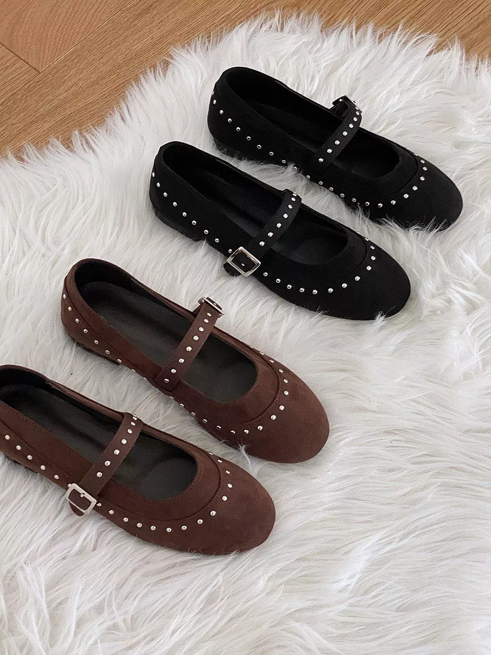 韓國空運🇰🇷｜【氣質甜美】👡 麂皮鉚釘瑪麗珍平底鞋✨1cm舒適不累腳 百搭必備 #7045