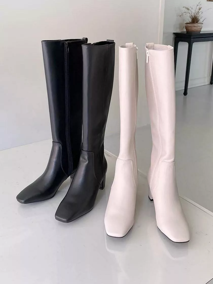 韓國空運🇰🇷【大尺碼必收】牛皮✨ 方頭亮面側拉鍊中跟長靴 👢 百搭粗跟靴 #3034