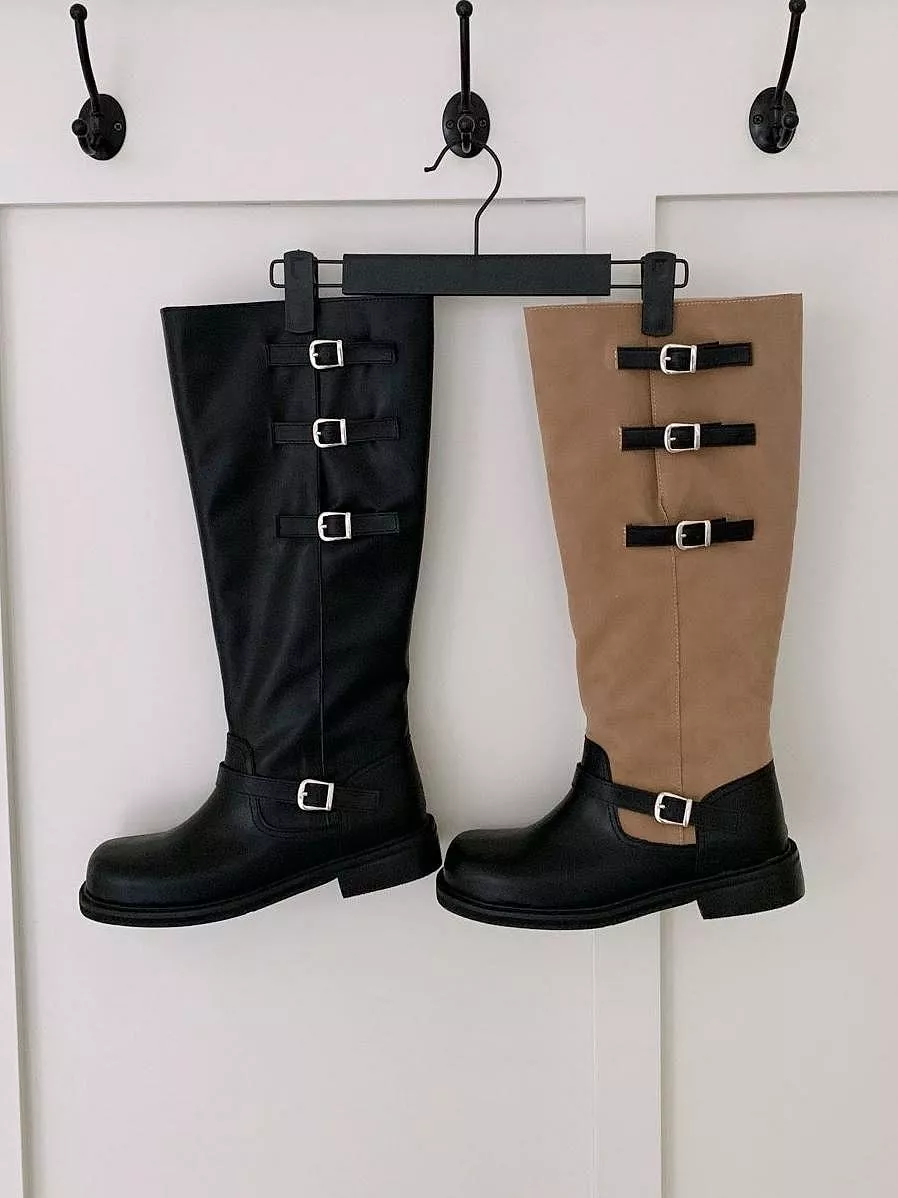 韓國空運🇰🇷【韓系高質感】🖤 拼色皮帶方頭長靴✨ 麂皮質感顯瘦靴 #4074