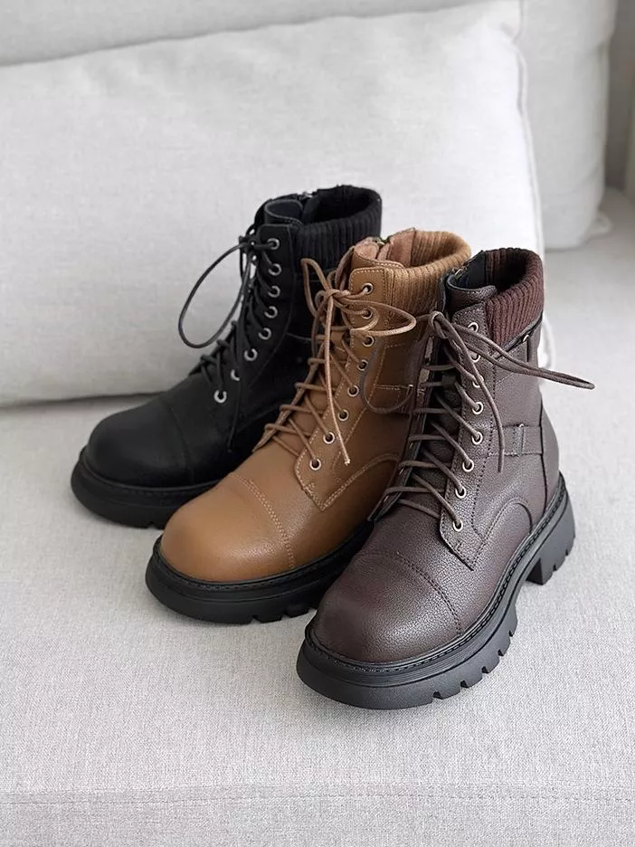 韓國空運🇰🇷【質感必收】🔥 天然牛皮綁帶軍靴 👢 羅紋彈力好穿顯瘦款 #828-23