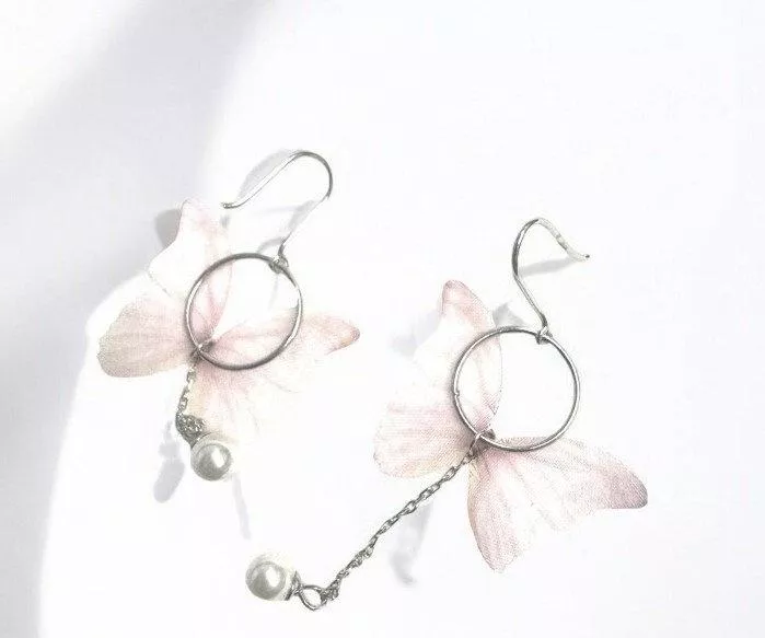 Pink 蝴蝶&貝珠耳環