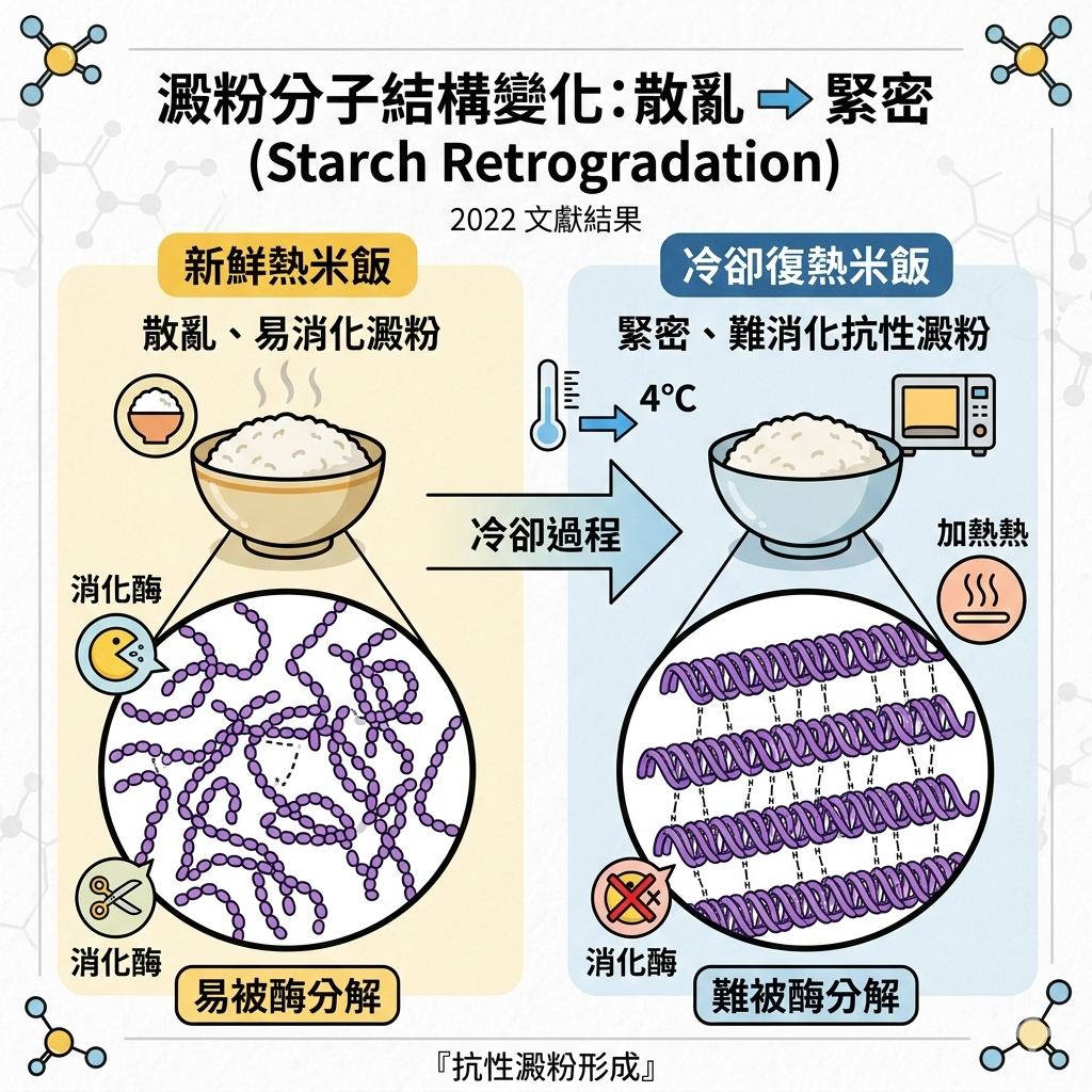 澱粉老化回生：散亂變緊密的結構圖
