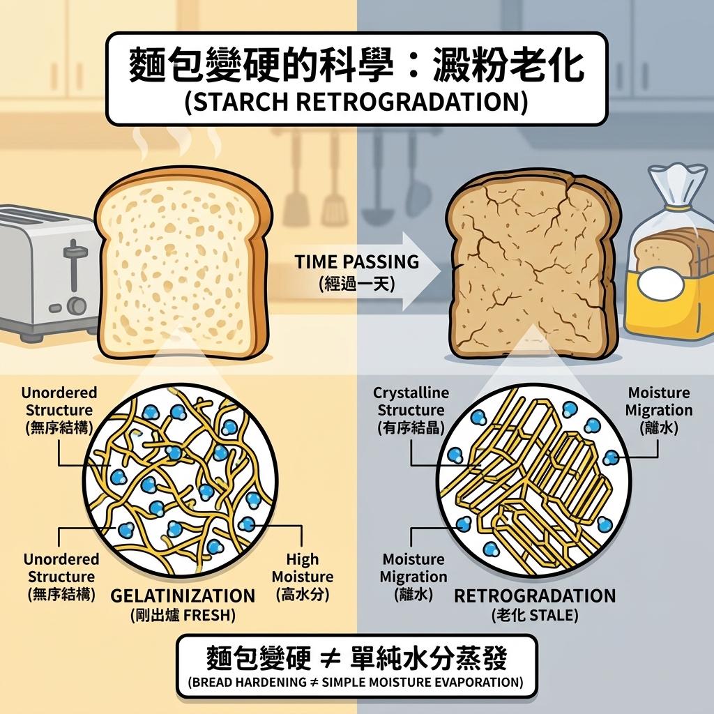 為什麼麵包放一天就變硬？食品科學家深度解析「澱粉老化」的分子機制與產業實務
