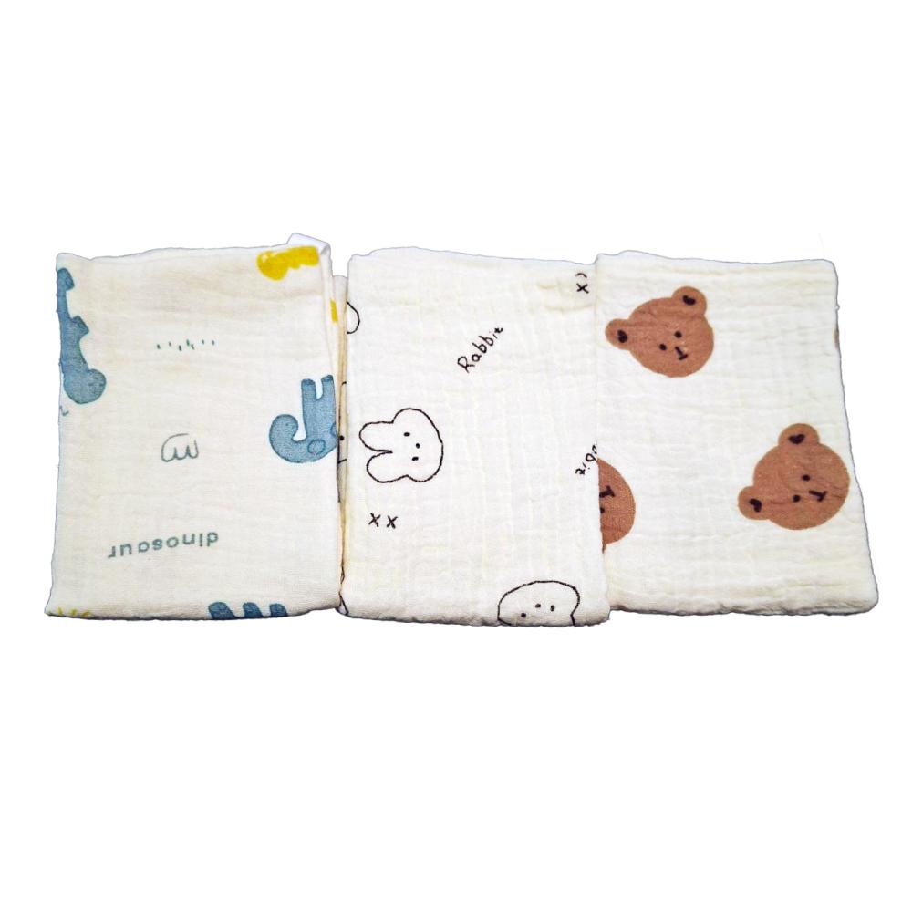 四層皺布口水巾 25*25cm 3入組組合 新生兒小毛巾 寶寶口水巾 全棉 洗臉洗澡巾 熊熊/兔兔/恐龍
